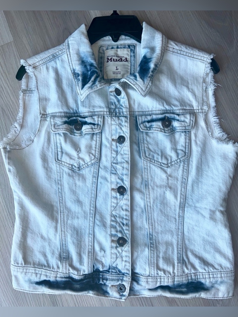 Mudd Sleeveless Denim Vest M Light Wash Cotton Distressed Frayed Trim